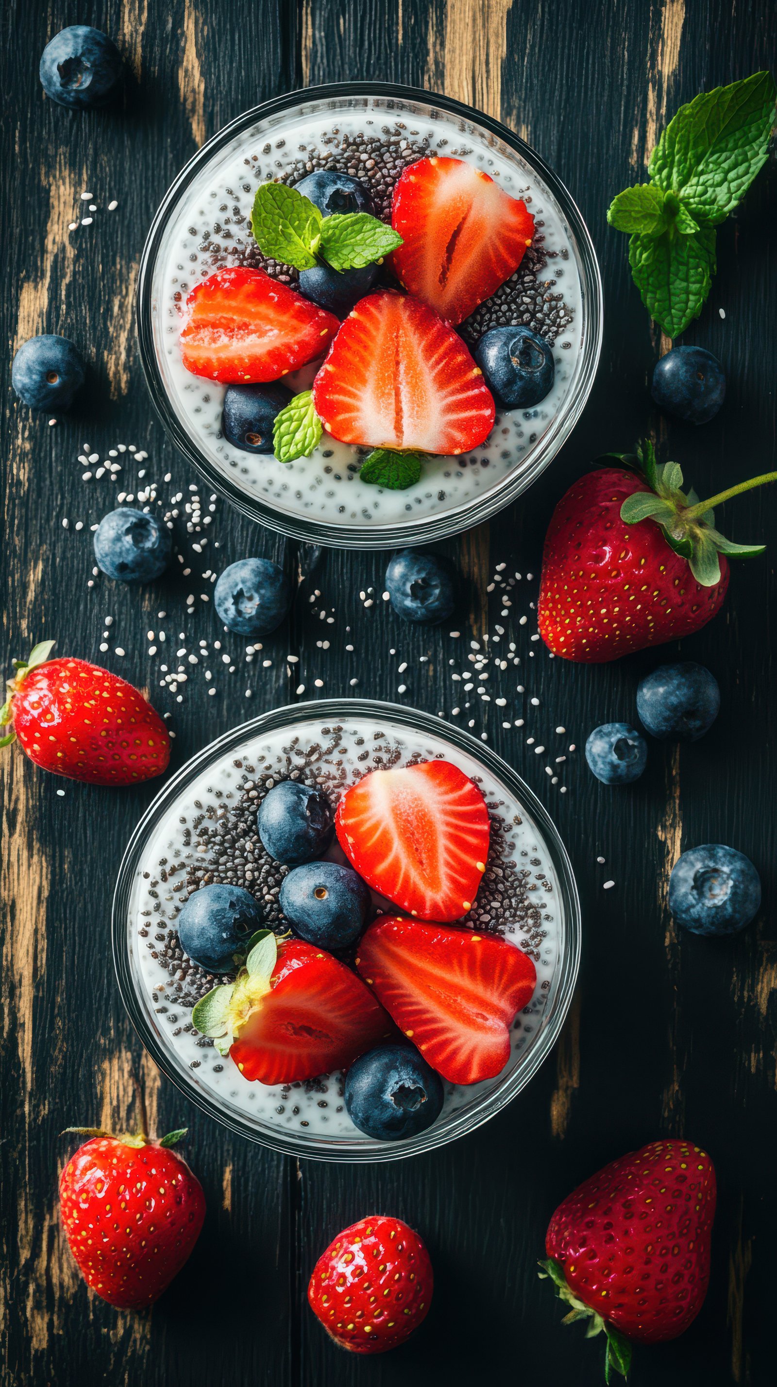 Healthy dessert featuring chia seed pudding topped with fresh strawberries and blueberries in bowls on wooden table